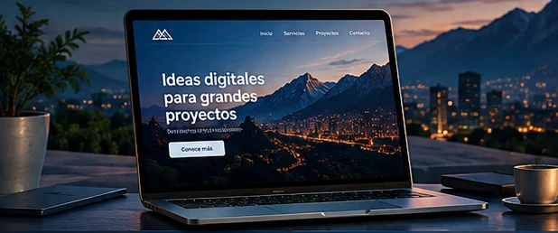 Laptop showing a website in front of a city lit up at the foot of the mountains