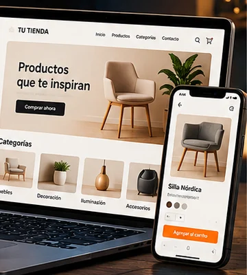 Online furniture store on a laptop and phone with a shopping cart